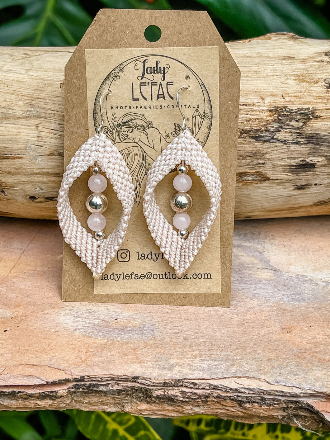 Rose Quartz & Silver, Light Blush Crescent Hoop Drop Earrings